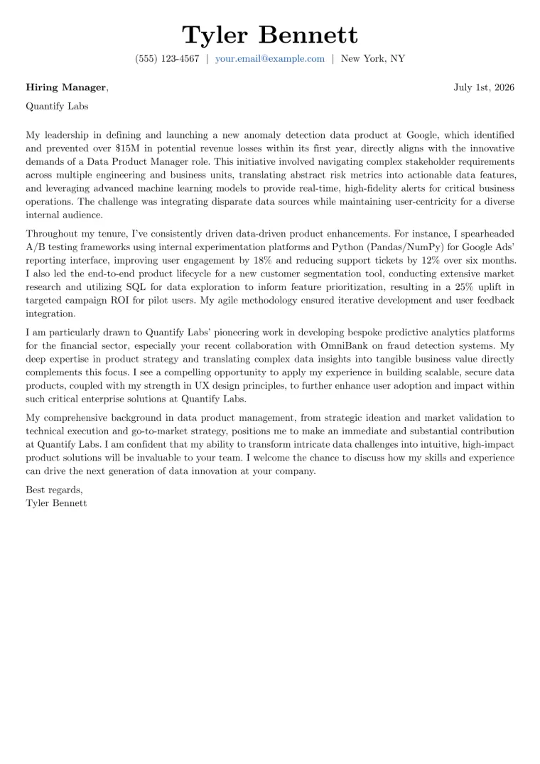 Data Product Manager cover letter example