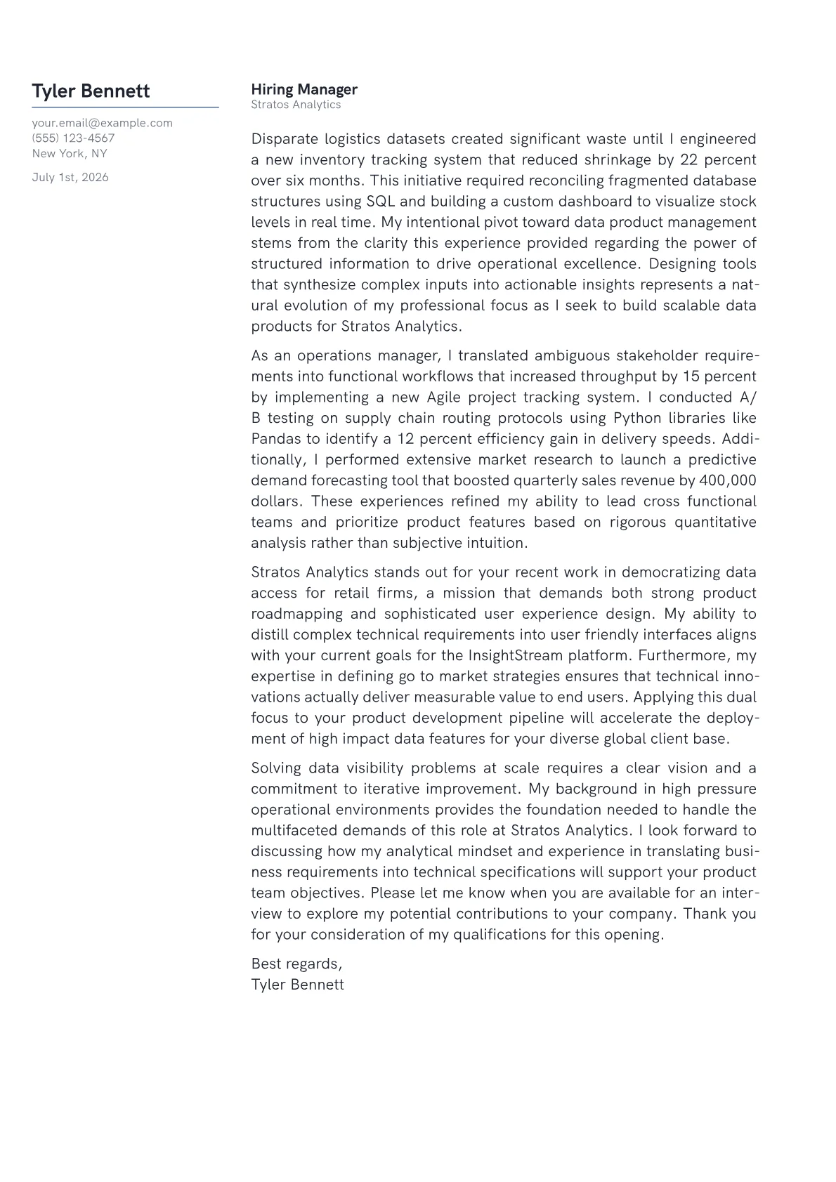 Data Product Manager cover letter in the Margin design