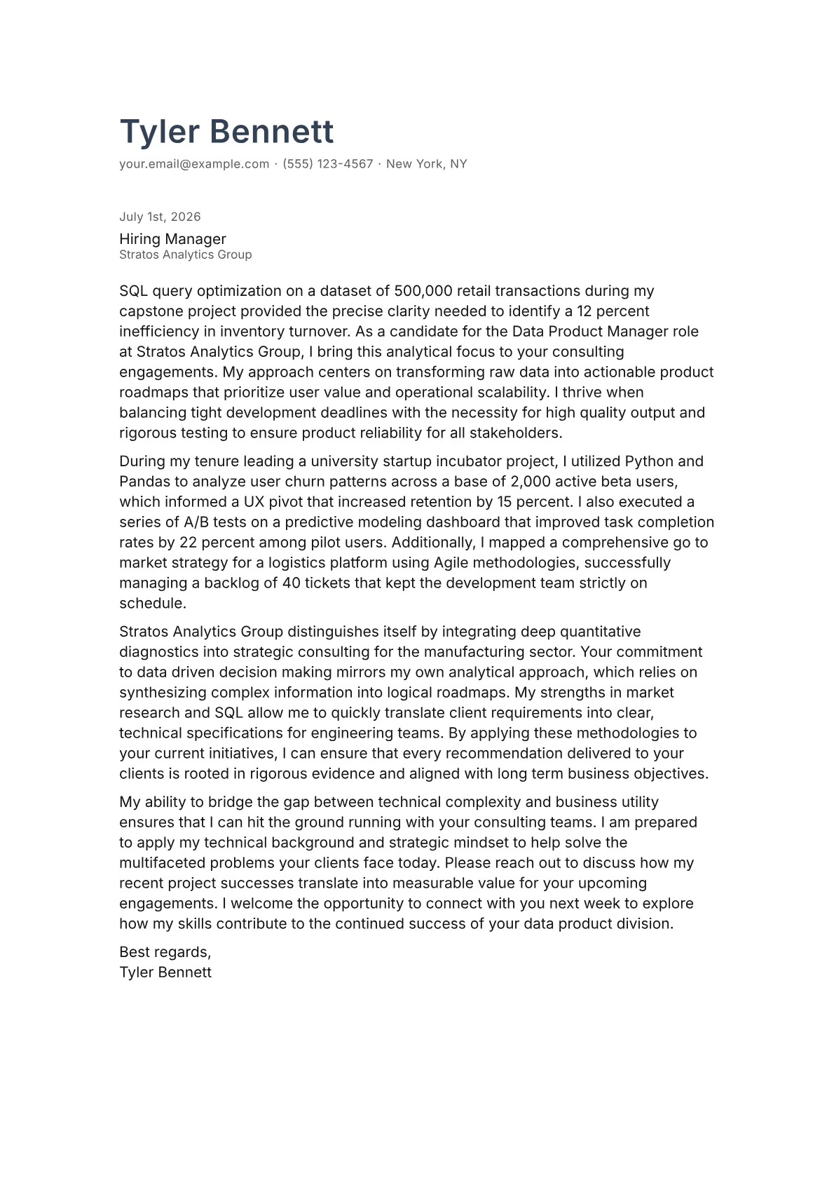 Data Product Manager cover letter in the Minimal design