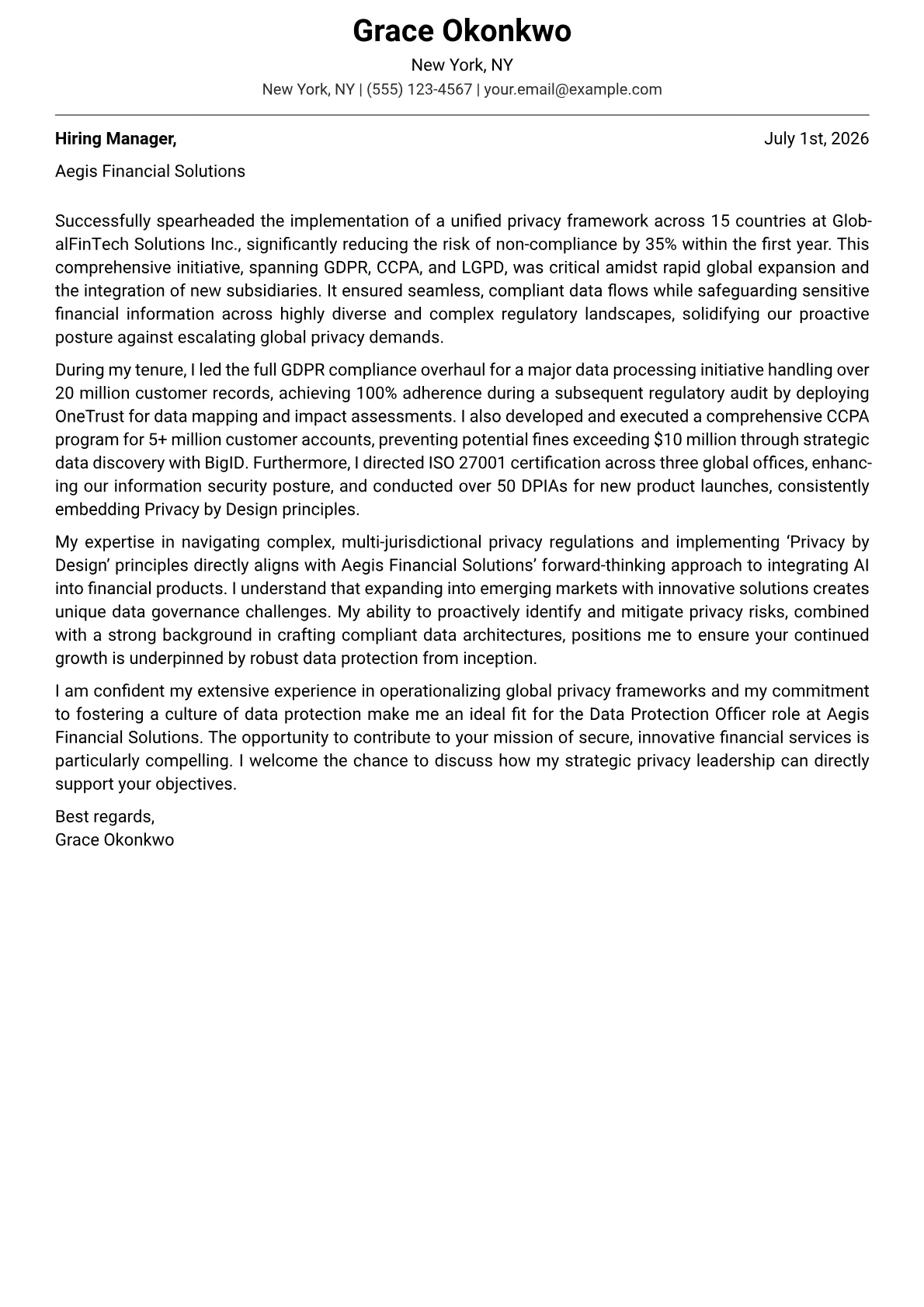 Data Protection Officer cover letter formatted with a JobSprout template