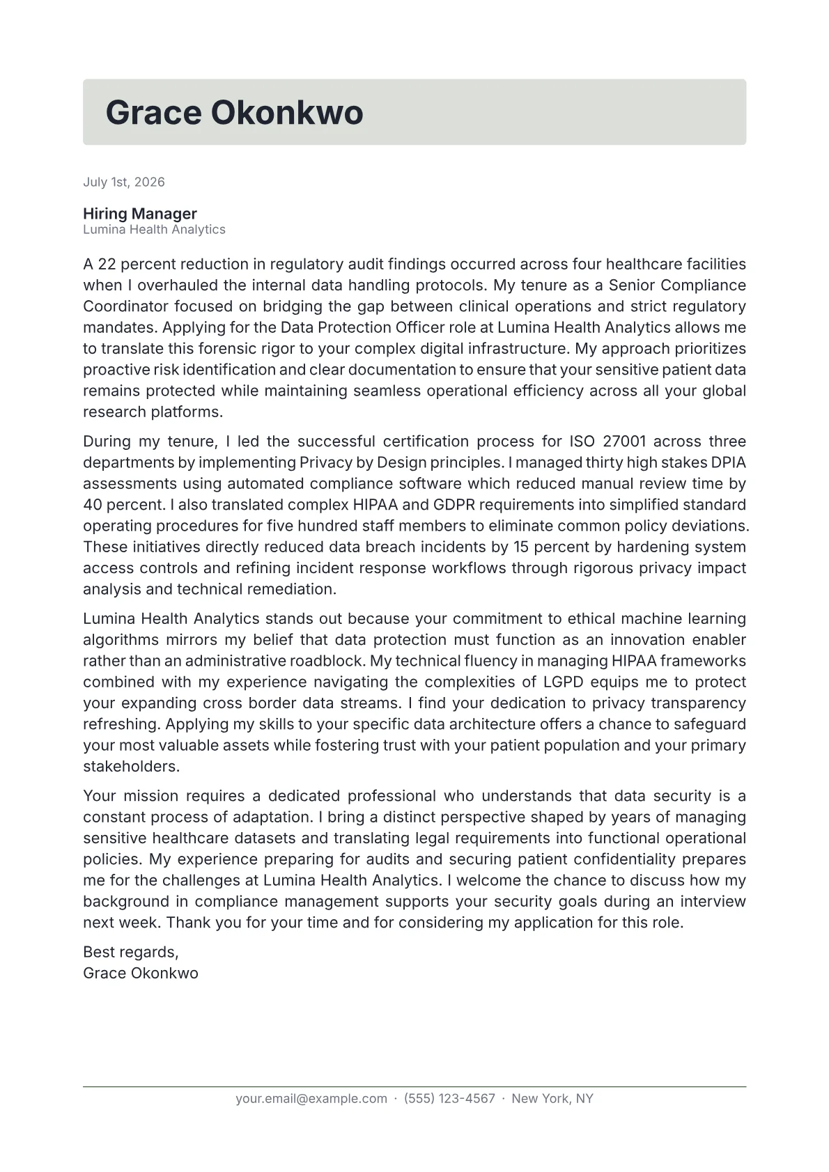 Data Protection Officer cover letter in the Letterhead design