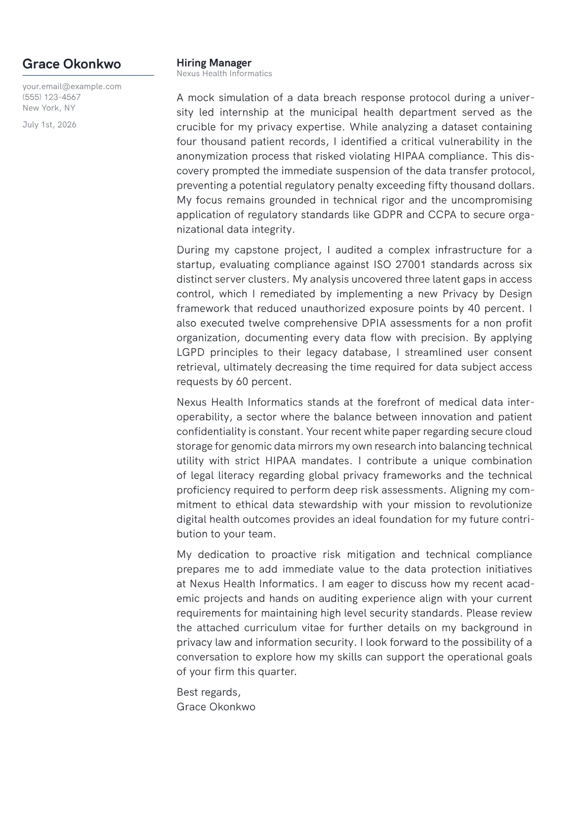 Data Protection Officer cover letter in the Margin design