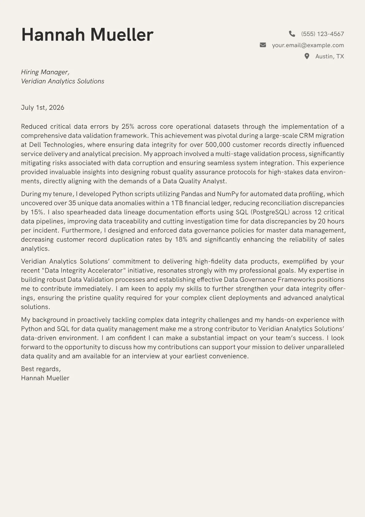 Data Quality Analyst cover letter formatted with a JobSprout template