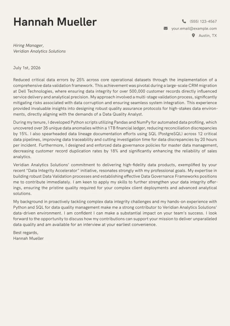 Data Quality Analyst cover letter example preview