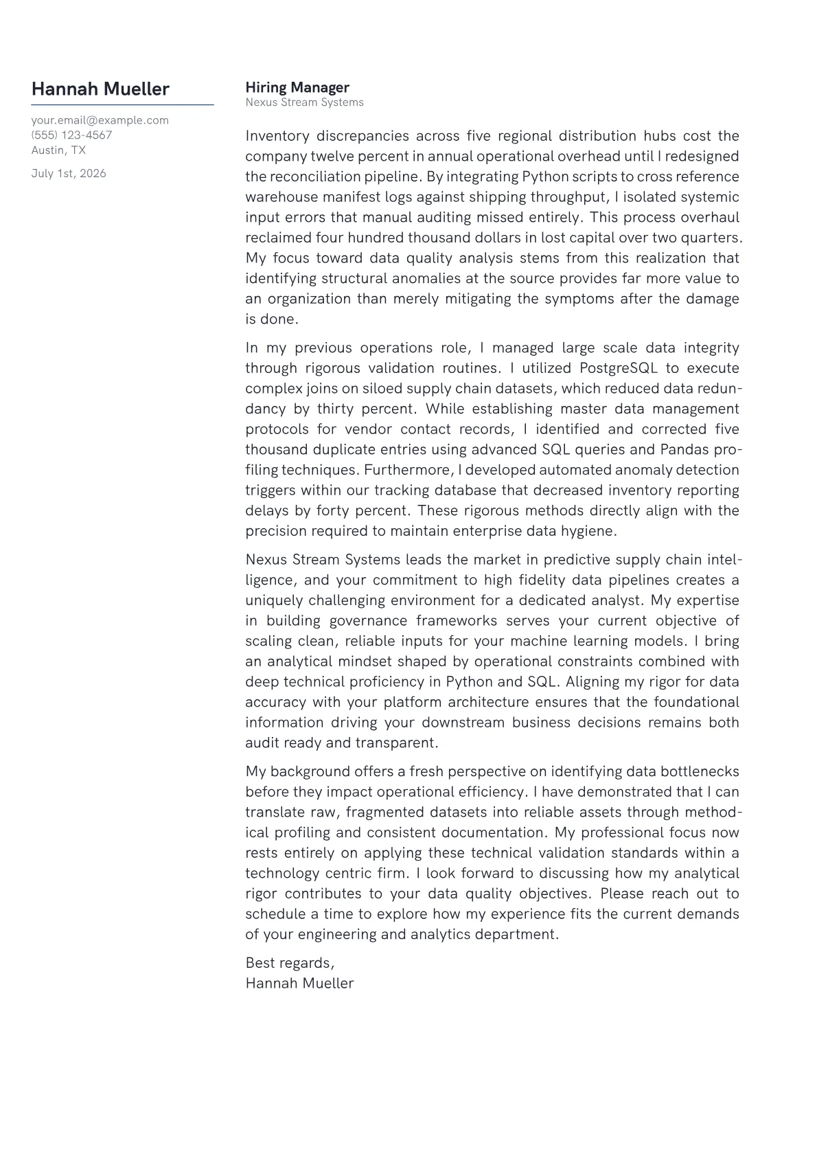Data Quality Analyst cover letter in the Margin design
