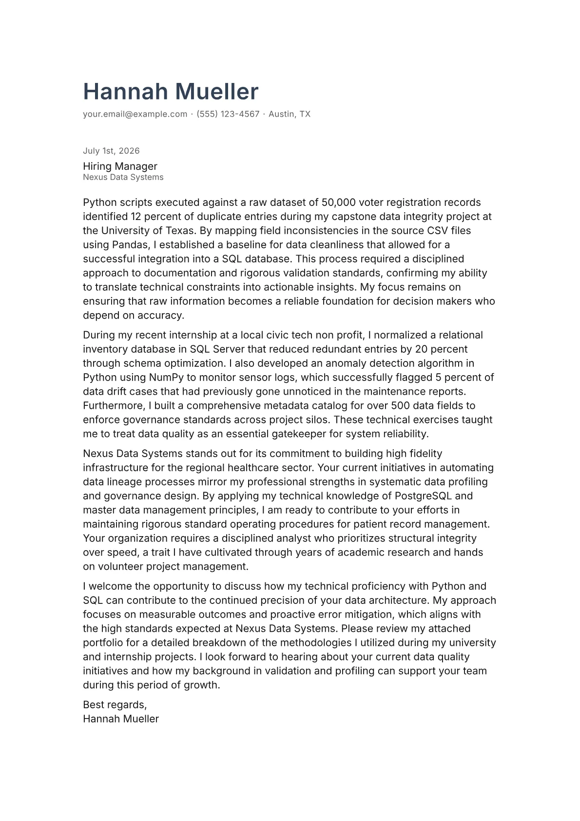 Data Quality Analyst cover letter in the Minimal design