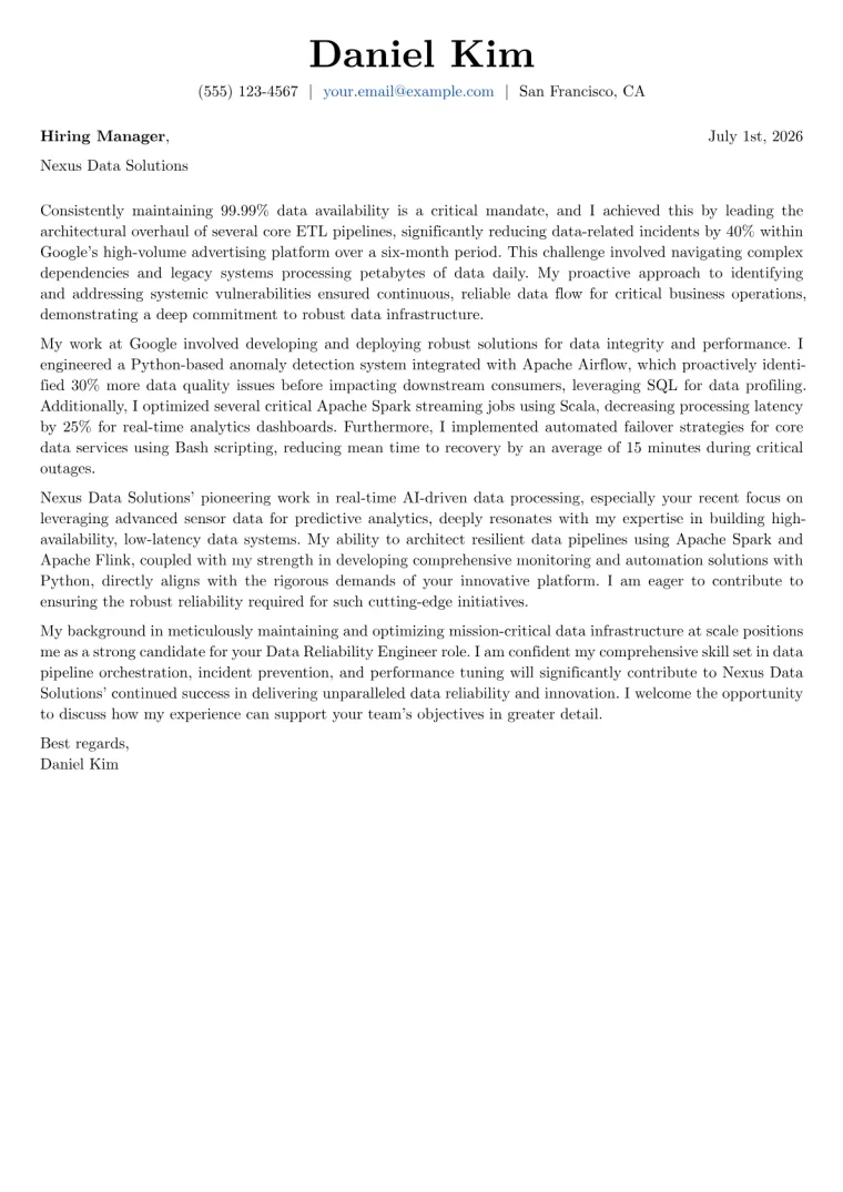Data Reliability Engineer cover letter example preview