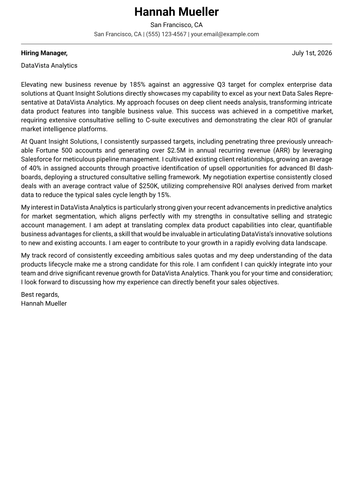 Data Sales Representative cover letter formatted with a JobSprout template