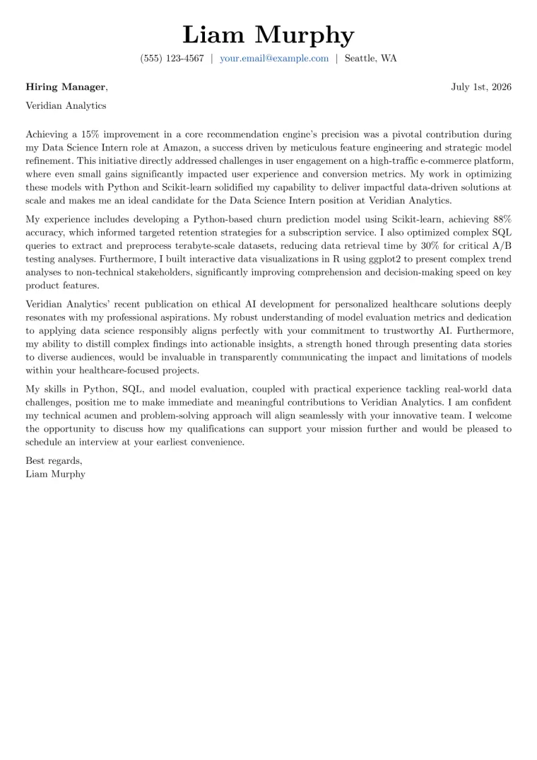 Data Science Intern cover letter example