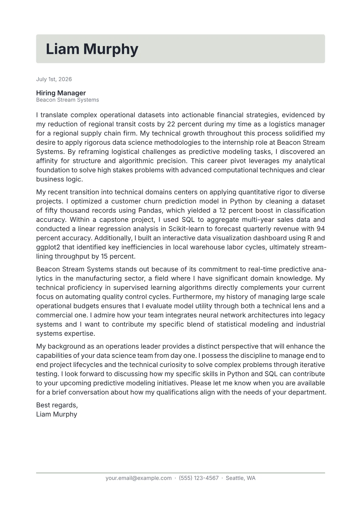 Data Science Intern cover letter in the Letterhead design
