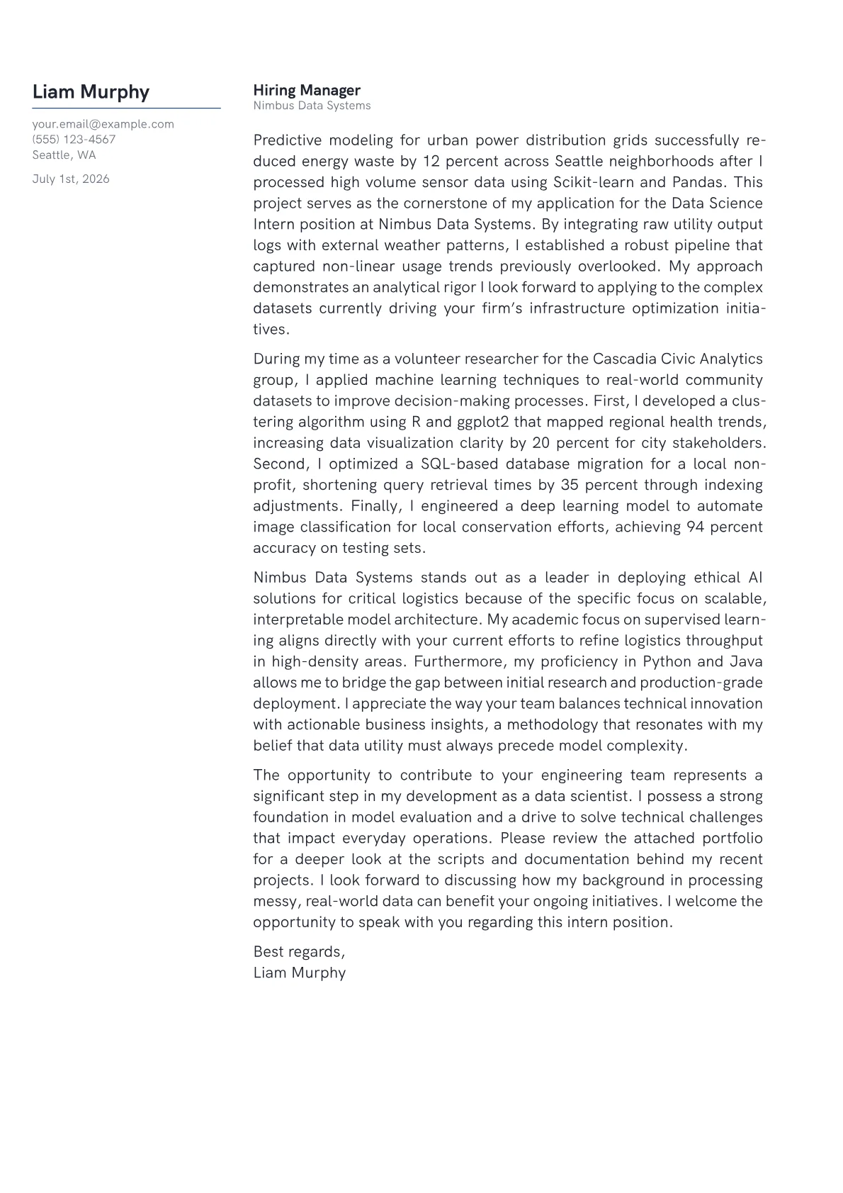 Data Science Intern cover letter in the Margin design