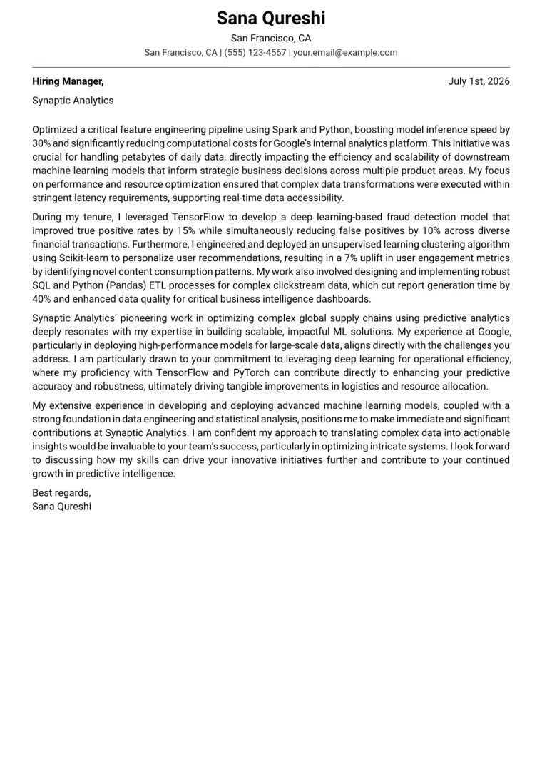 Data Scientist Cover Letter Example