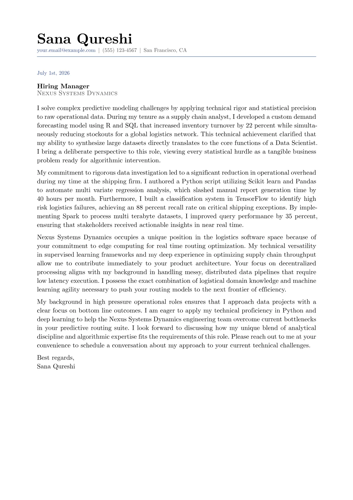 Data Scientist cover letter in the Classic design