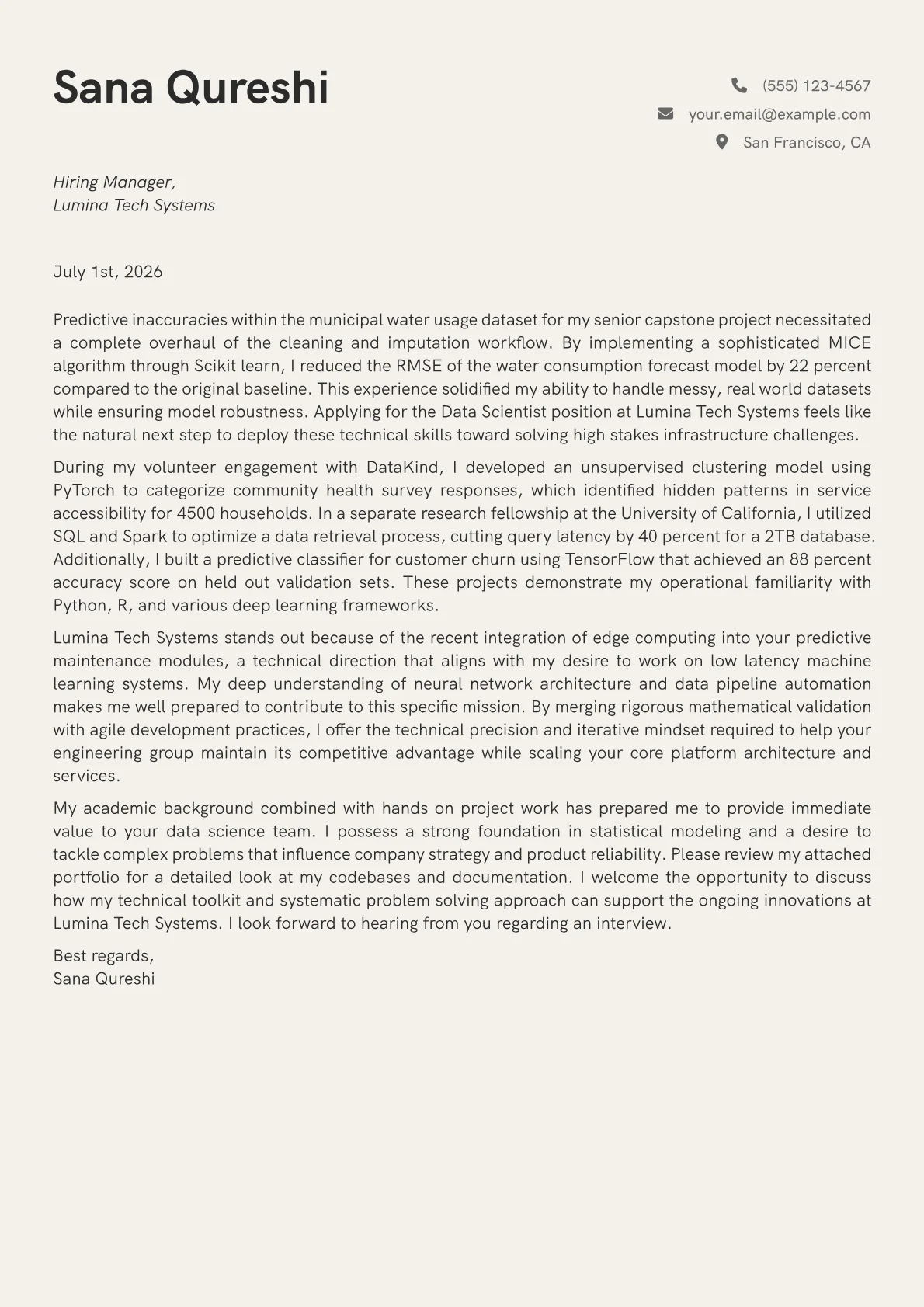Data Scientist cover letter in the Creative design
