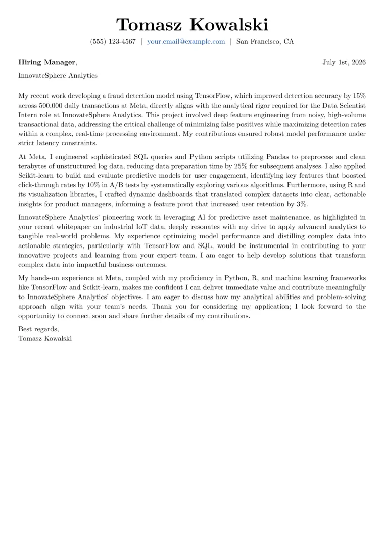 Data Scientist Intern cover letter example preview
