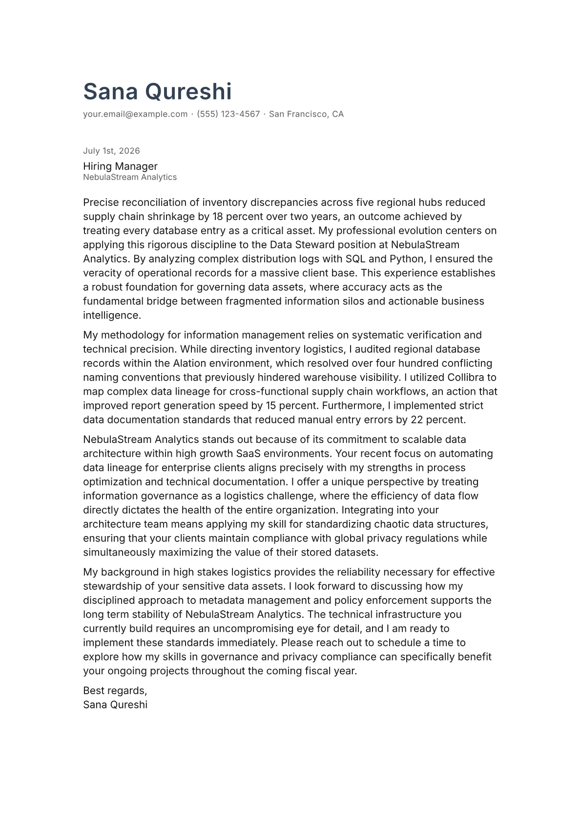 Data Steward cover letter in the Minimal design