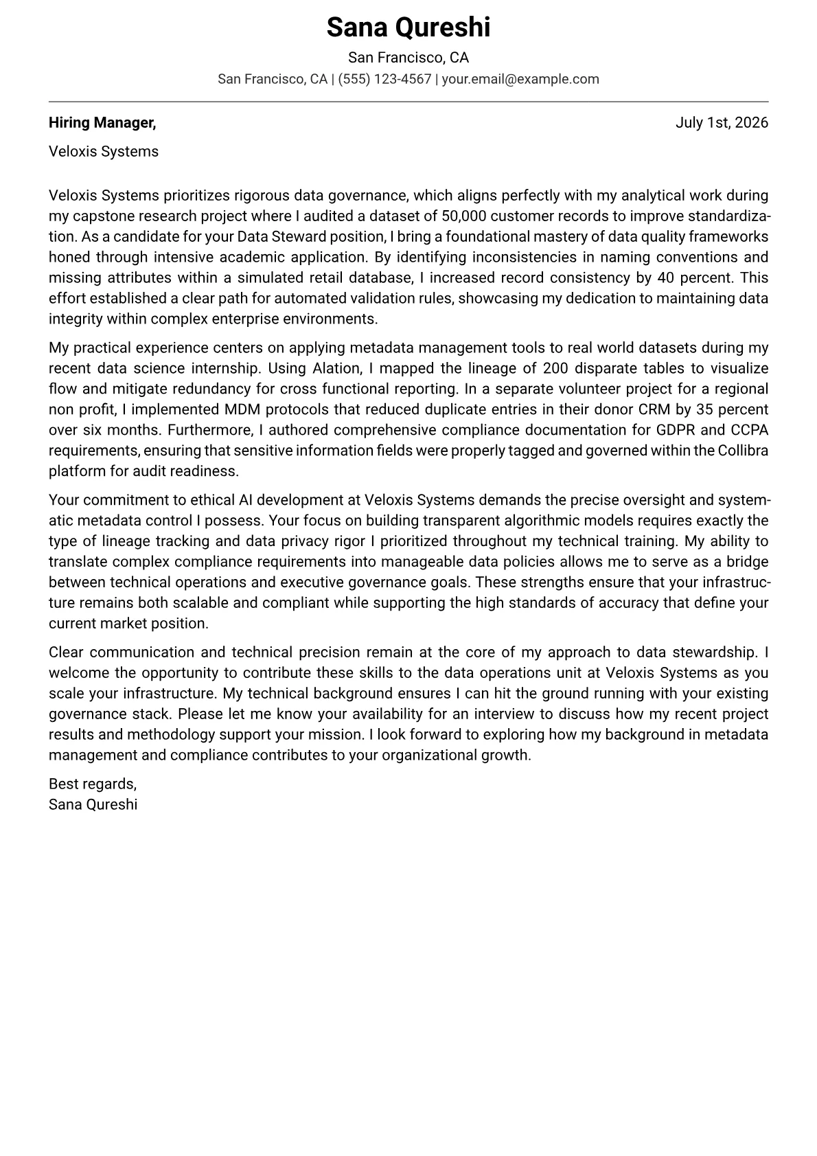 Data Steward cover letter in the Modern design