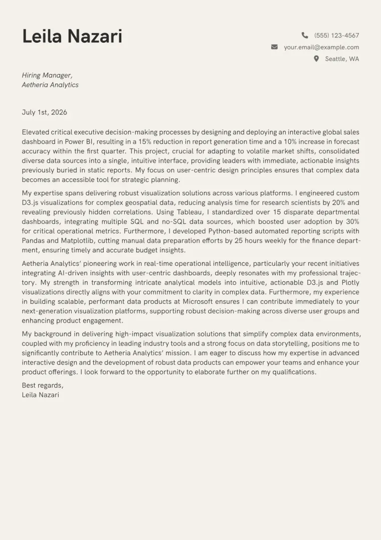 Data Visualization Engineer cover letter example preview