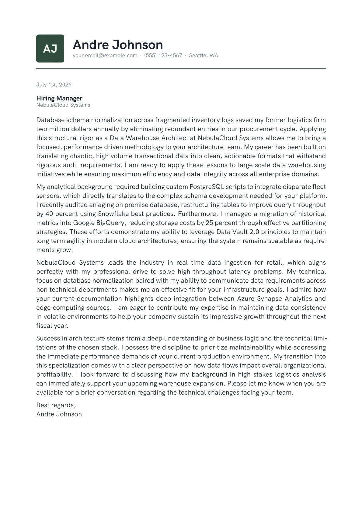 Data Warehouse Architect cover letter in the Emblem design