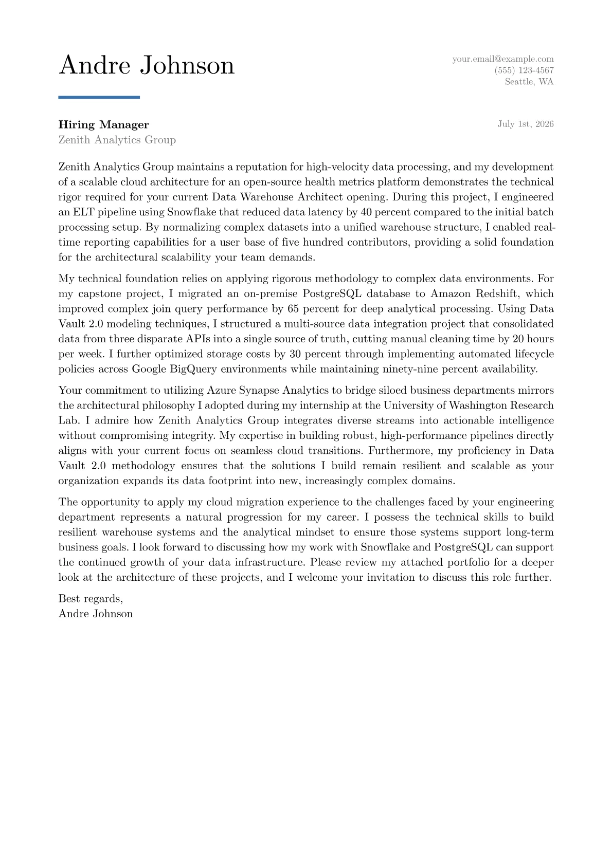 Data Warehouse Architect cover letter in the Executive design