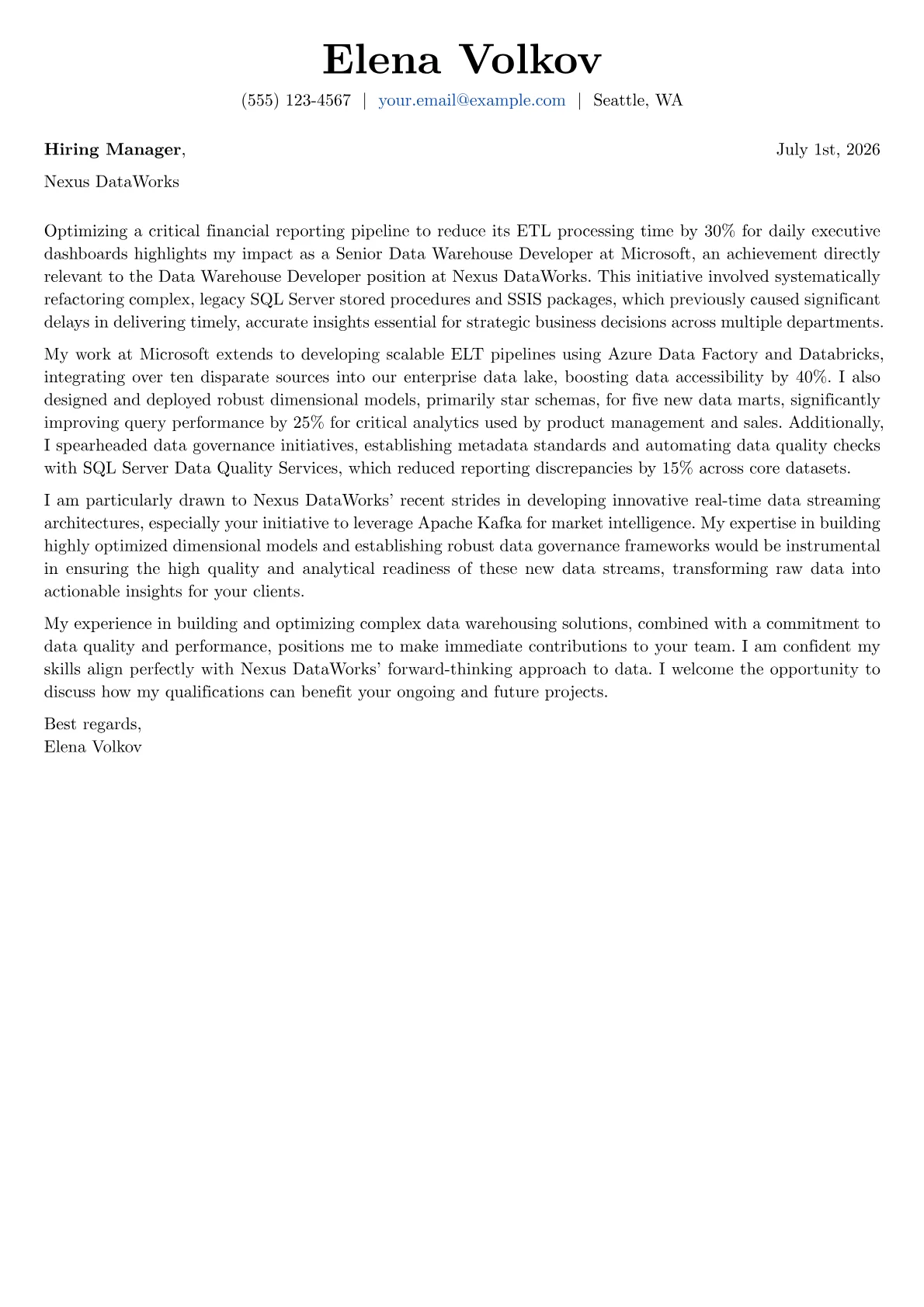 Data Warehouse Developer cover letter formatted with a JobSprout template