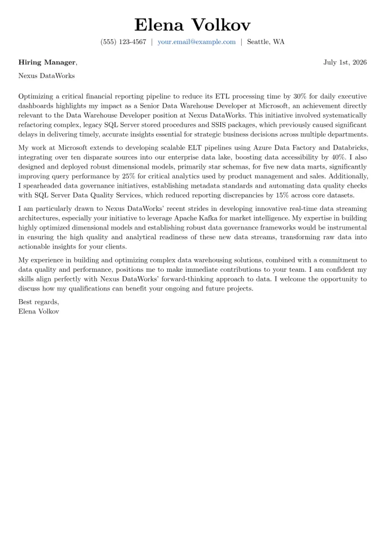Data Warehouse Developer cover letter example preview