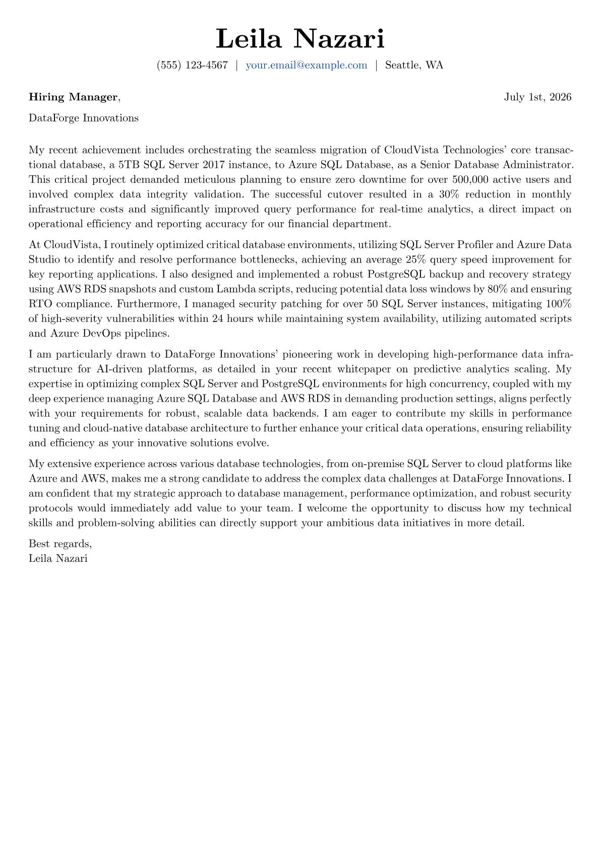 Database Administrator cover letter formatted with a JobSprout template