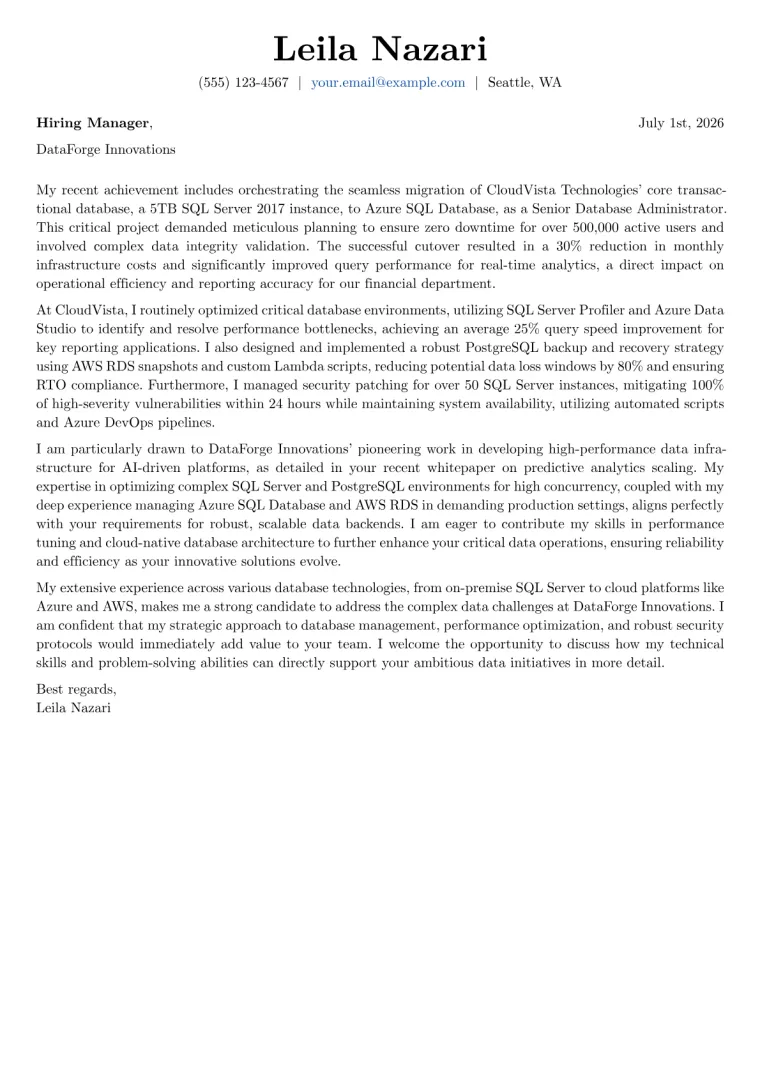 Database Administrator cover letter example preview
