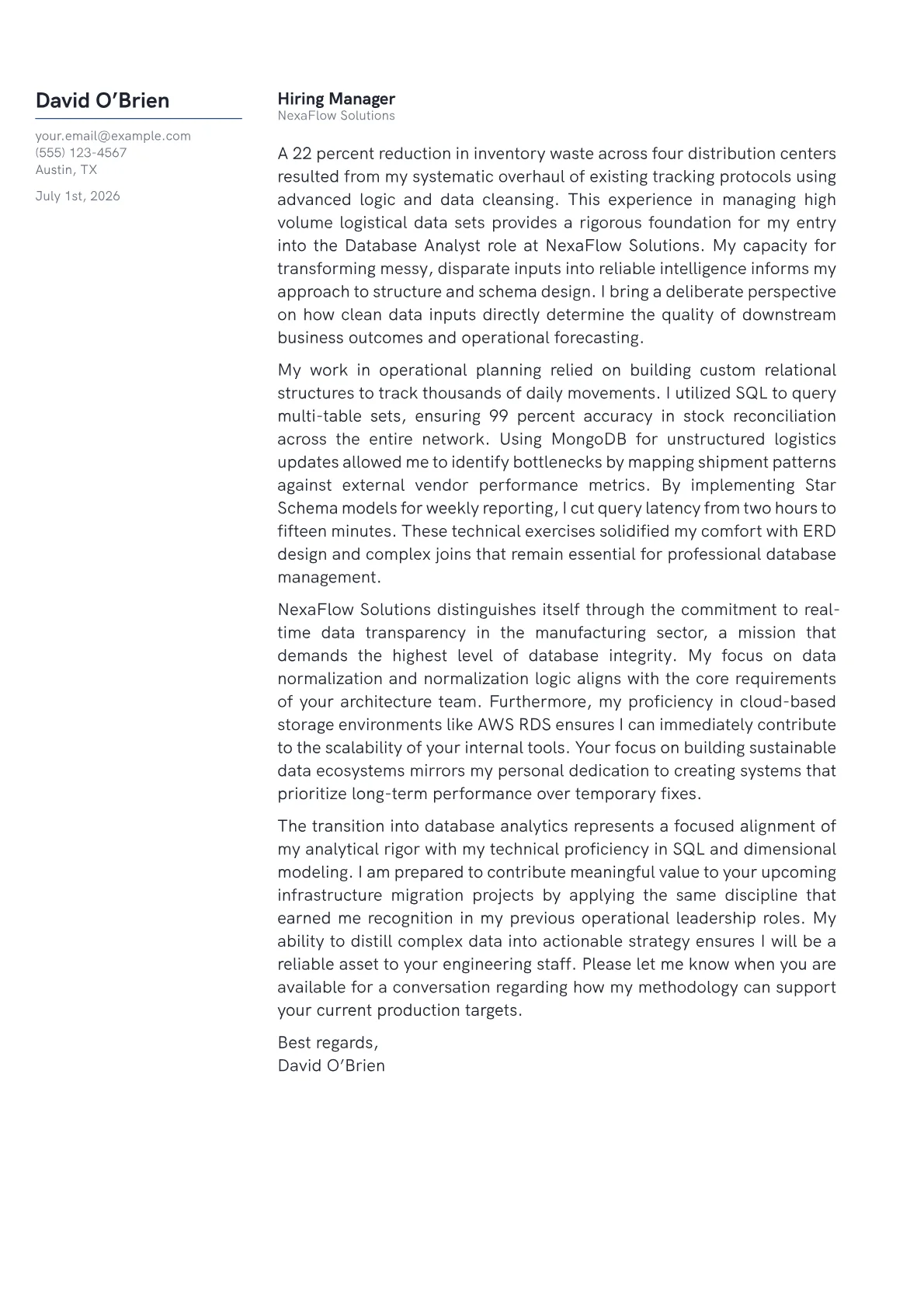 Database Analyst cover letter in the Margin design