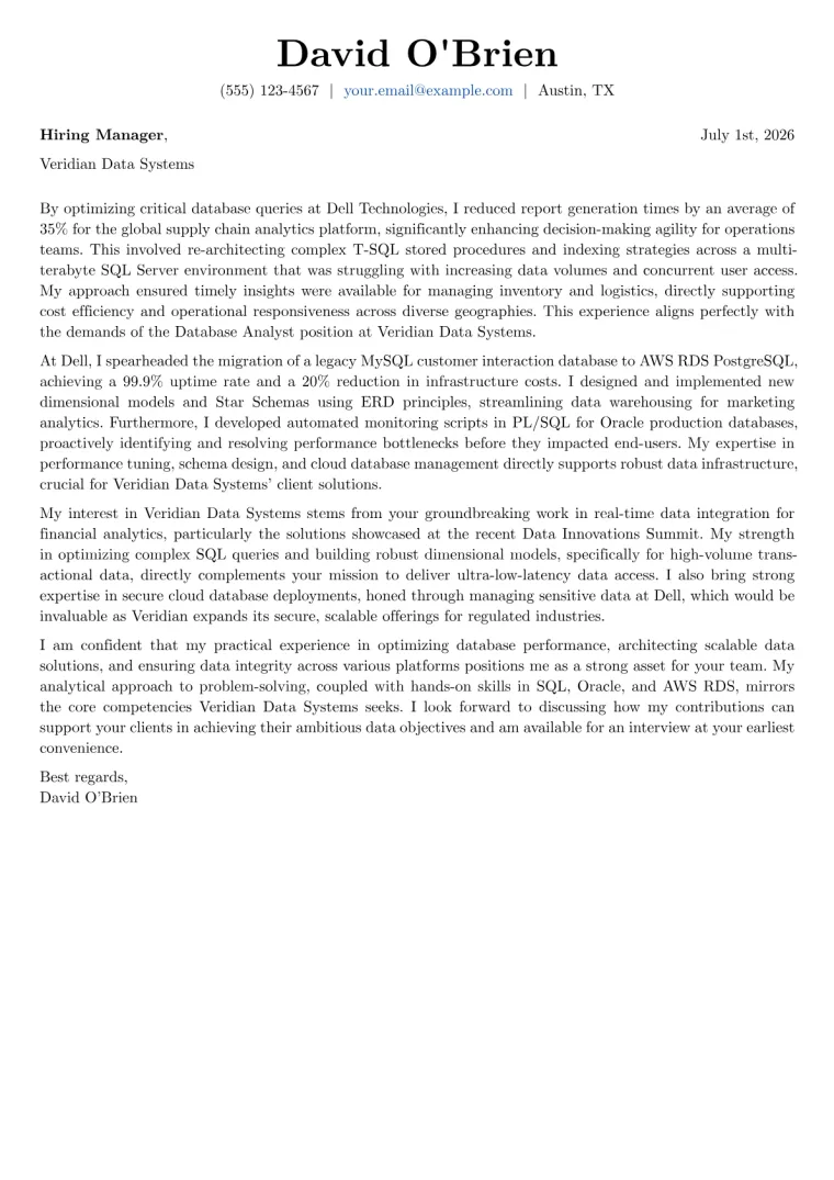 Database Analyst Cover Letter Example