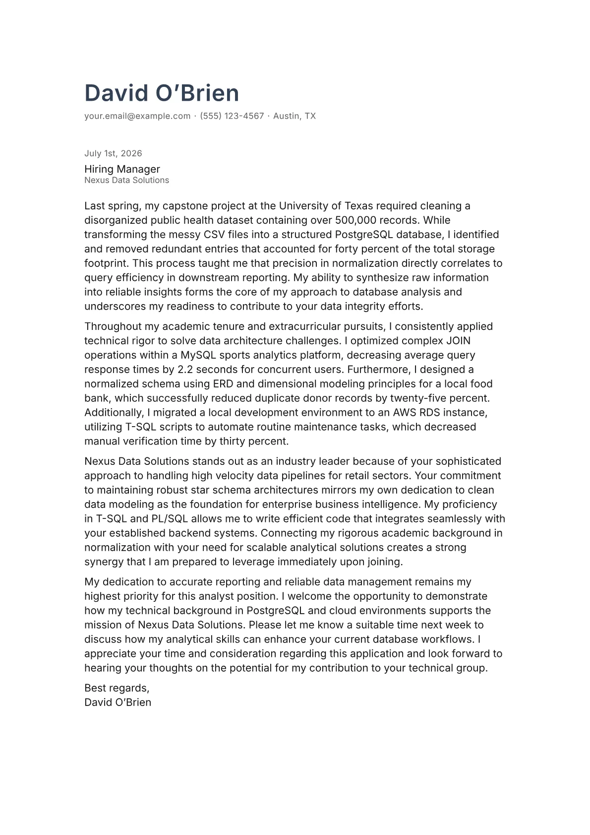Database Analyst cover letter in the Minimal design