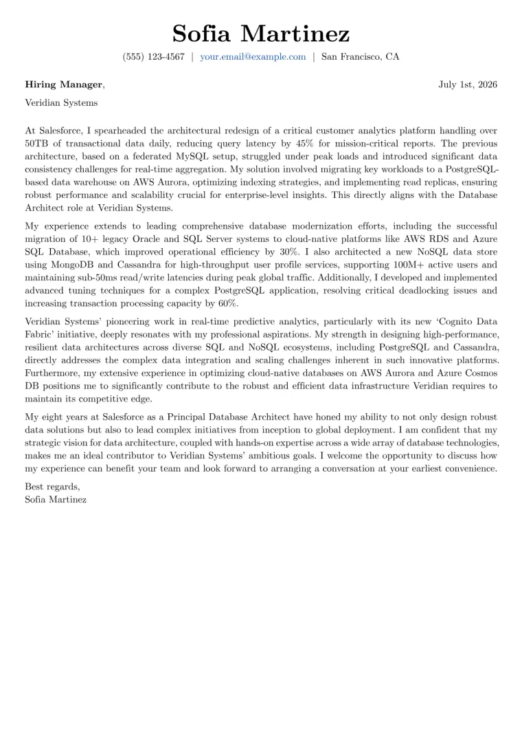 Database Architect cover letter example preview