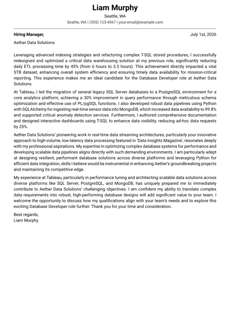 Database Developer cover letter example preview