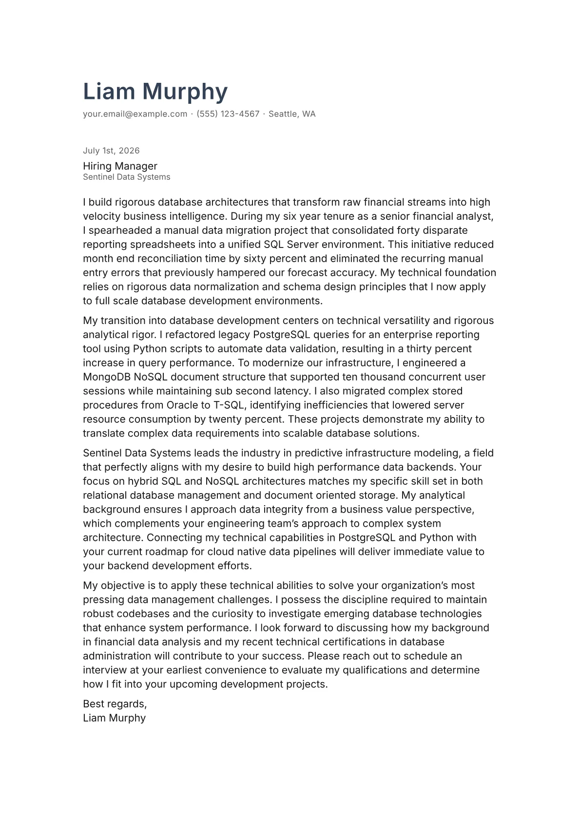 Database Developer cover letter in the Minimal design