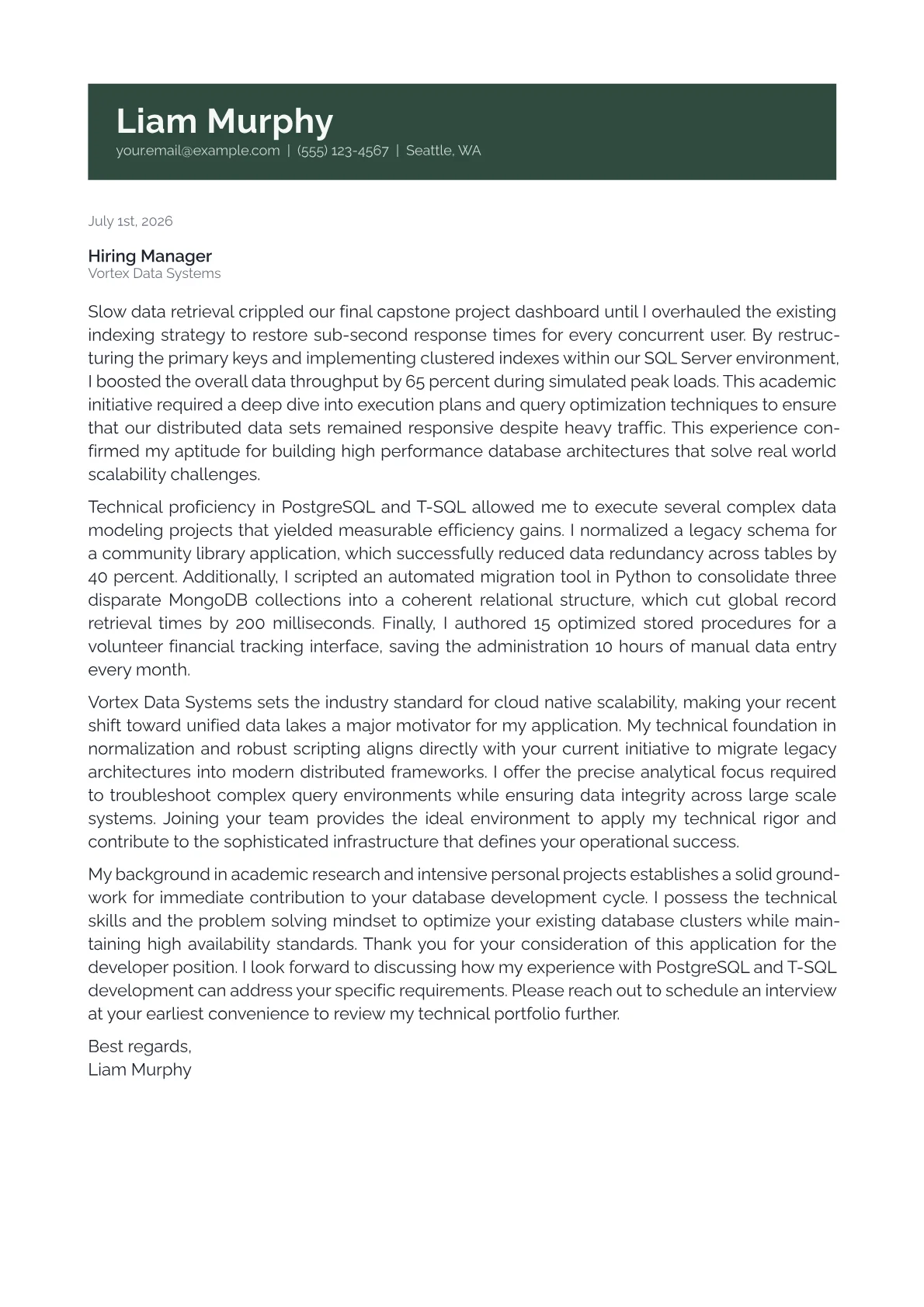 Database Developer cover letter in the Banner design