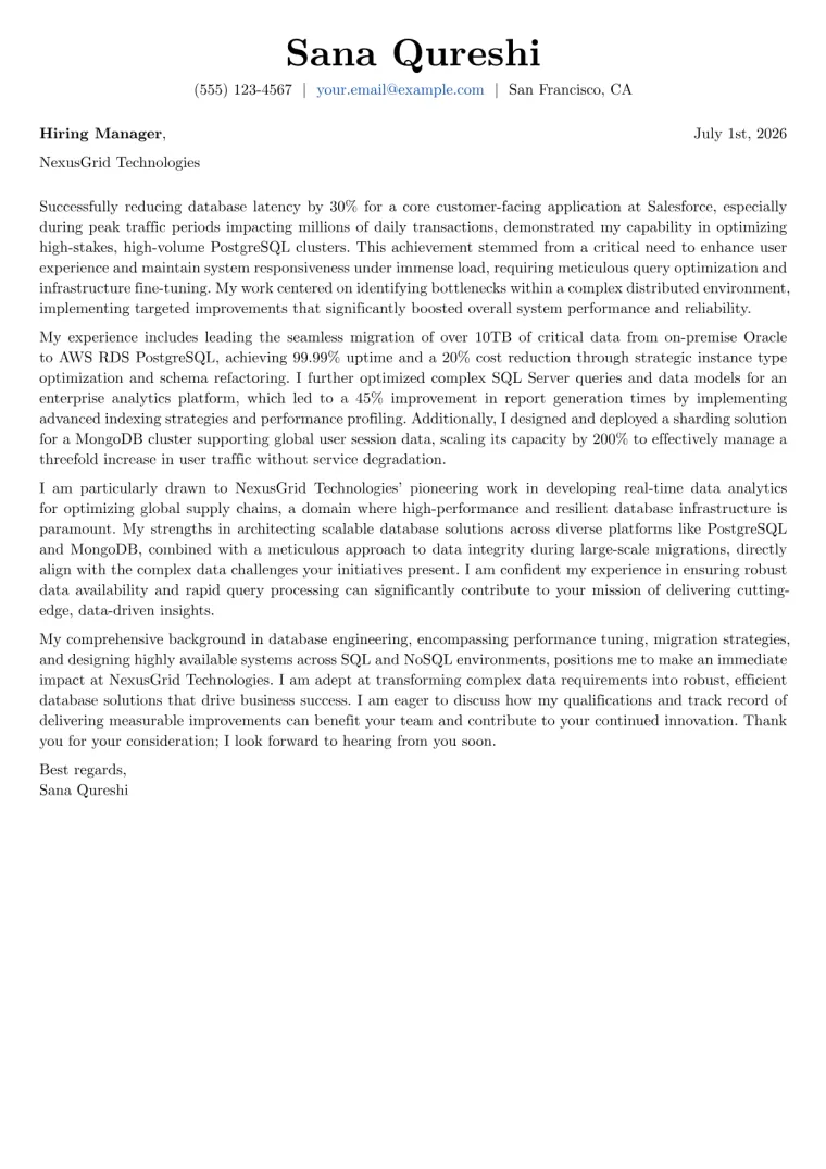 Database Engineer Cover Letter Example