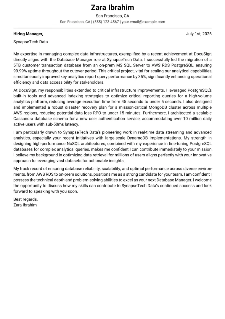 Database Manager Cover Letter Example