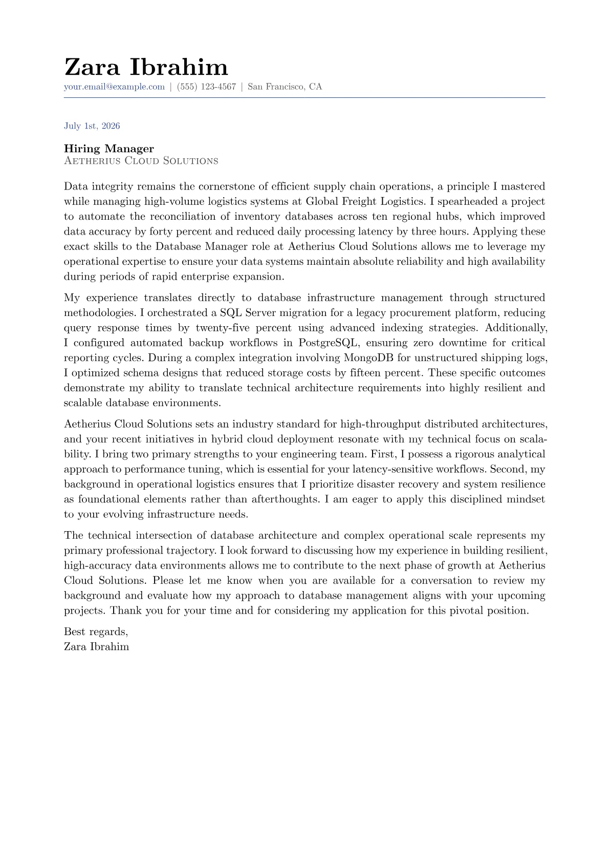 Database Manager cover letter in the Classic design