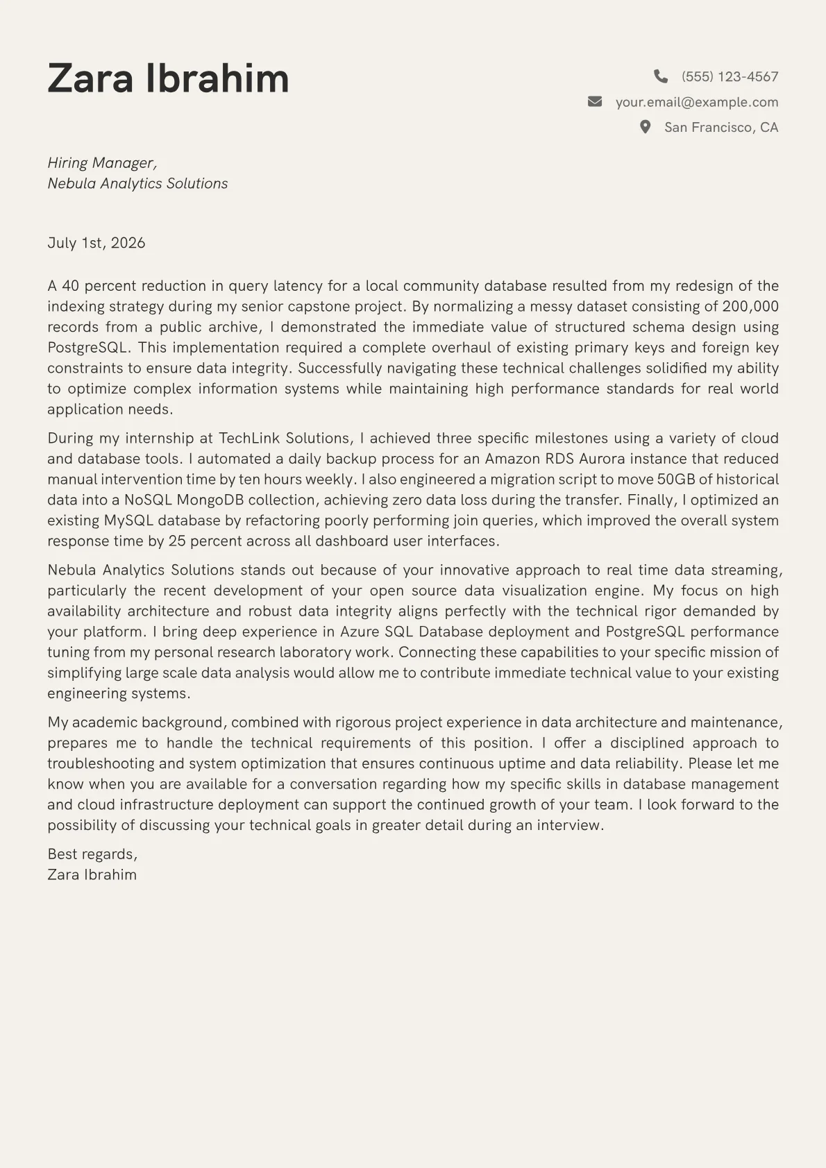 Database Manager cover letter in the Creative design