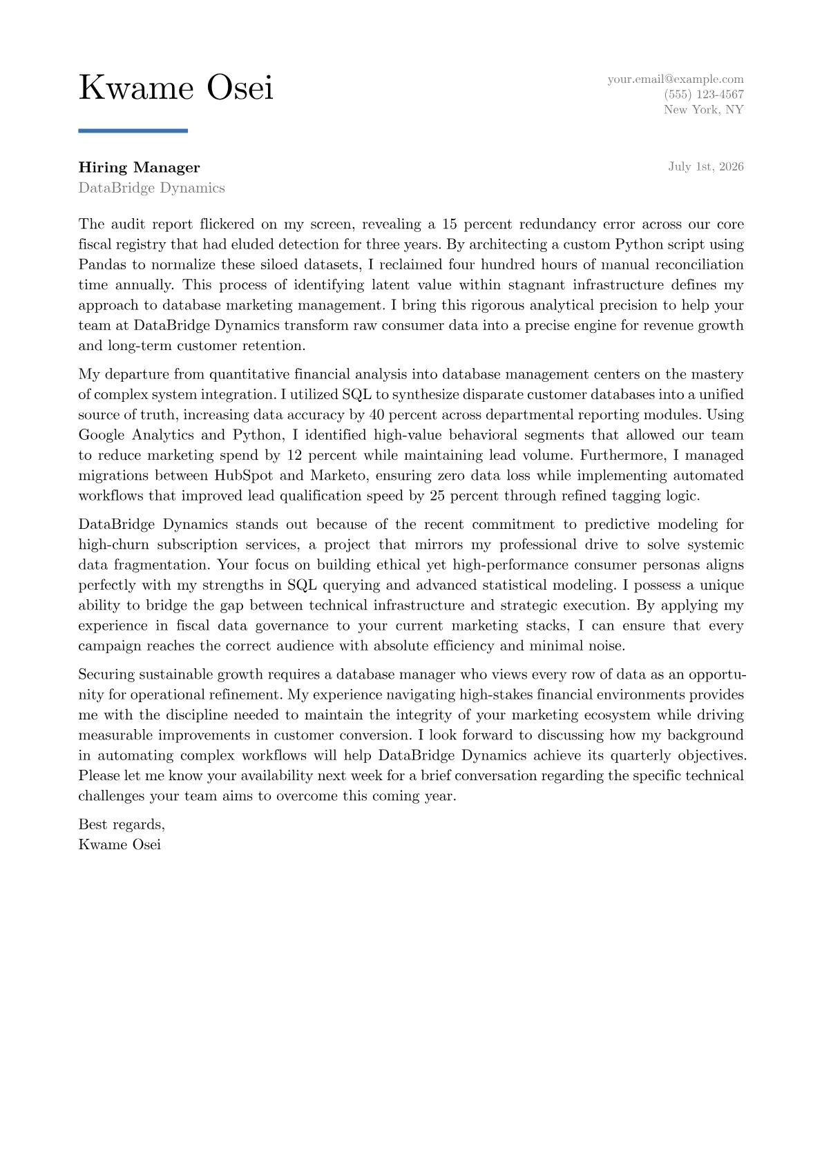 Database Marketing Manager cover letter in the Executive design