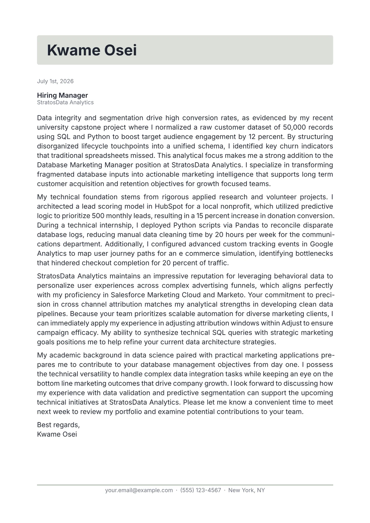 Database Marketing Manager cover letter in the Letterhead design