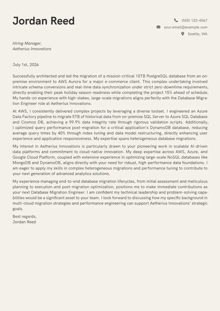 Database Migration Engineer cover letter example preview