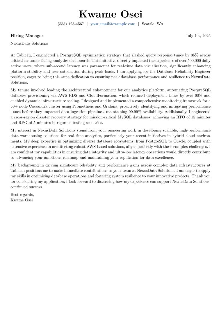 Database Reliability Engineer cover letter example preview