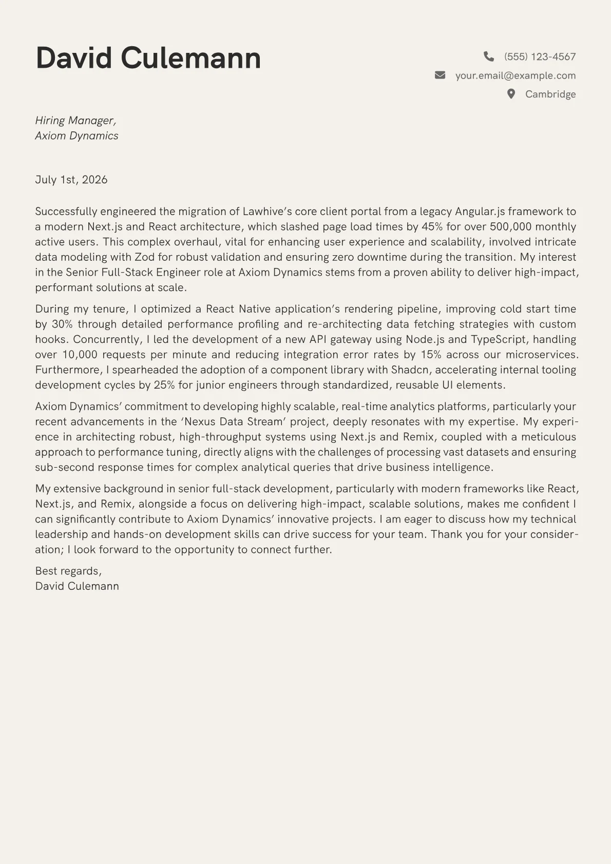 Senior Full-Stack Engineer cover letter formatted with a JobSprout template