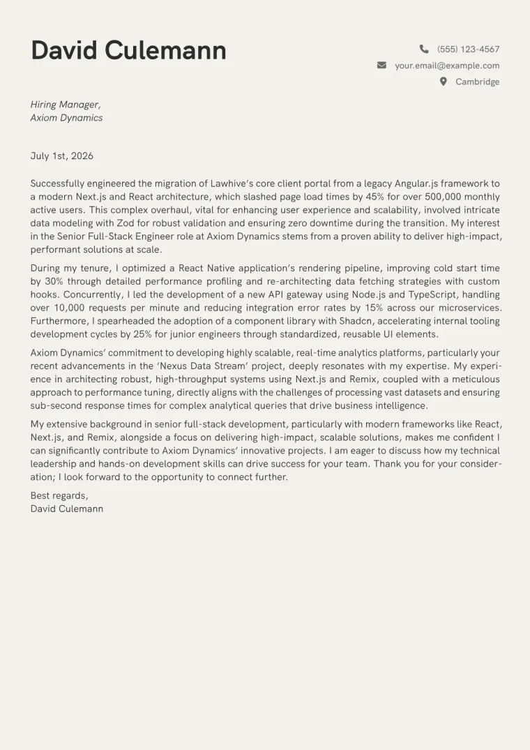 Senior Full-Stack Engineer cover letter example preview