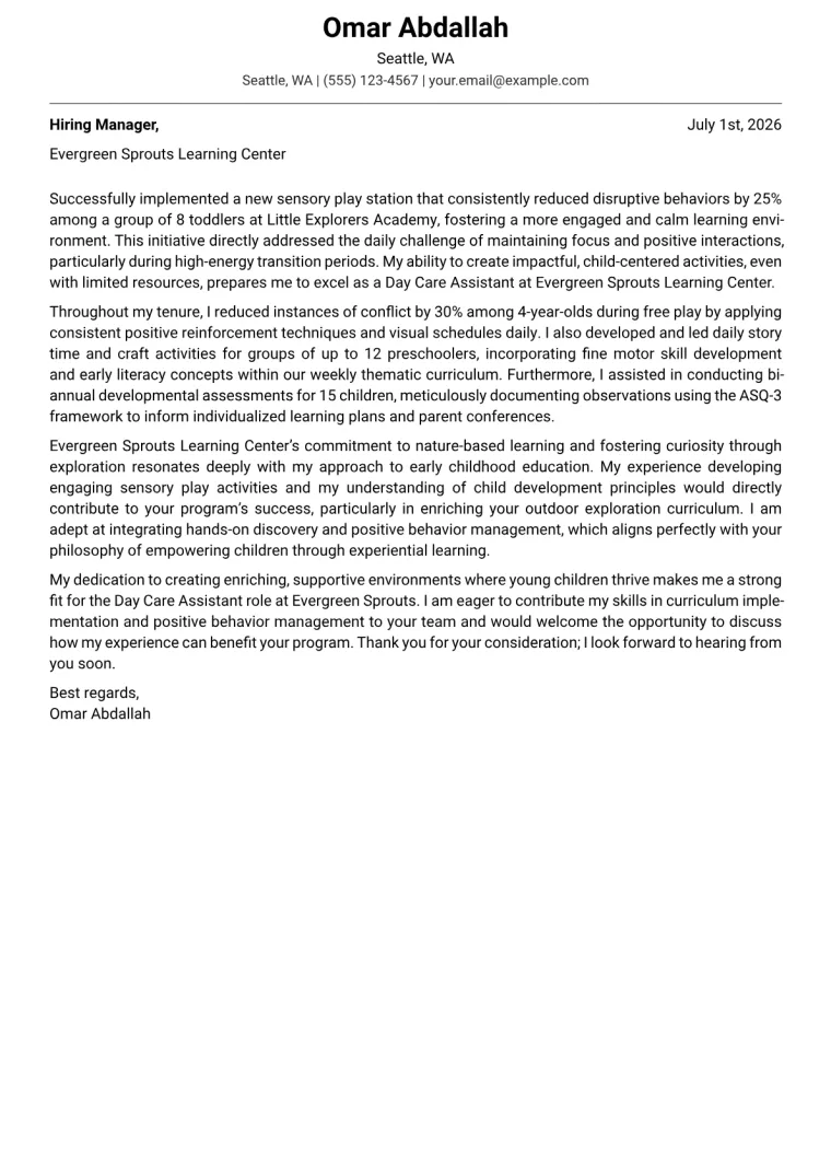 Day Care Assistant cover letter example preview