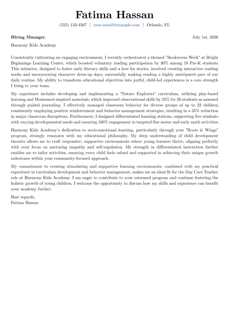 Day Care Teacher cover letter example preview