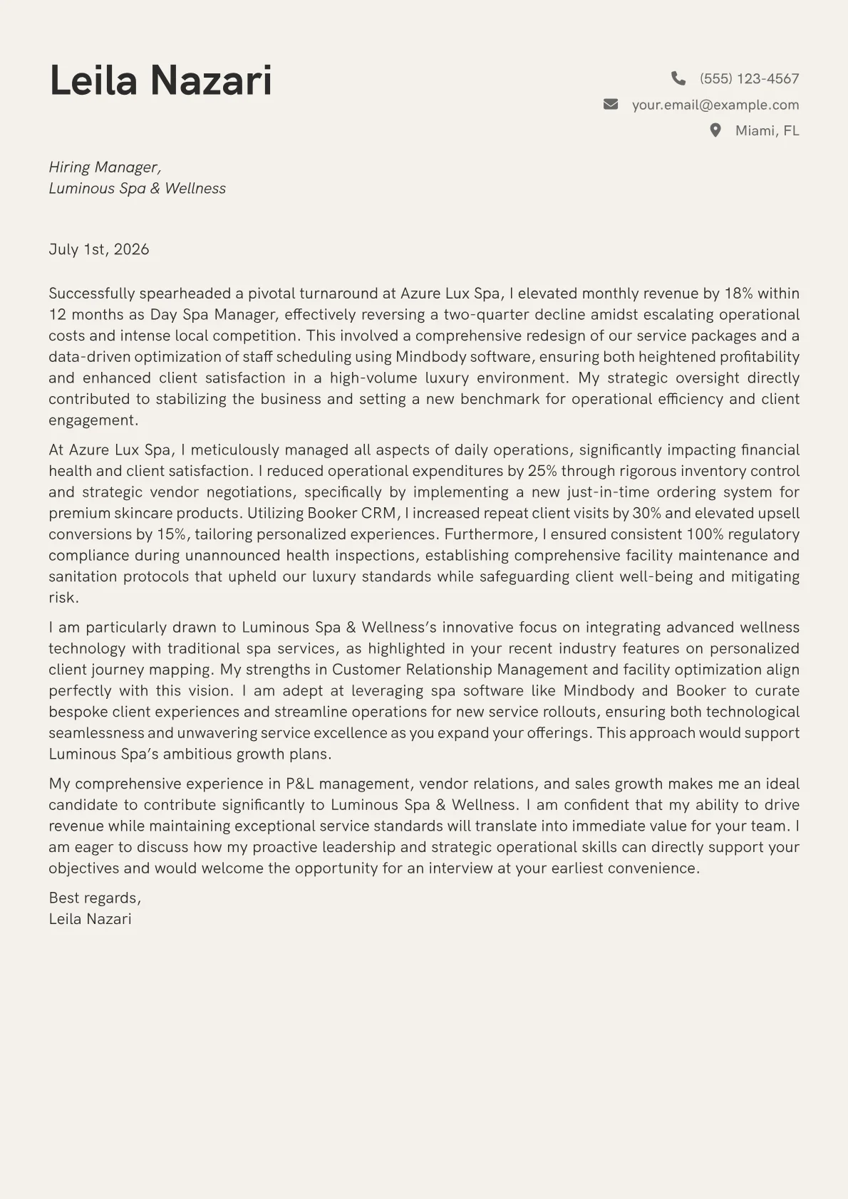Day Spa Manager cover letter formatted with a JobSprout template