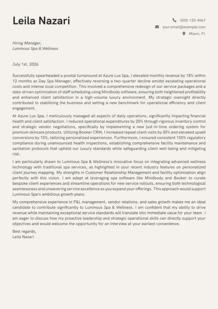 Day Spa Manager cover letter example preview