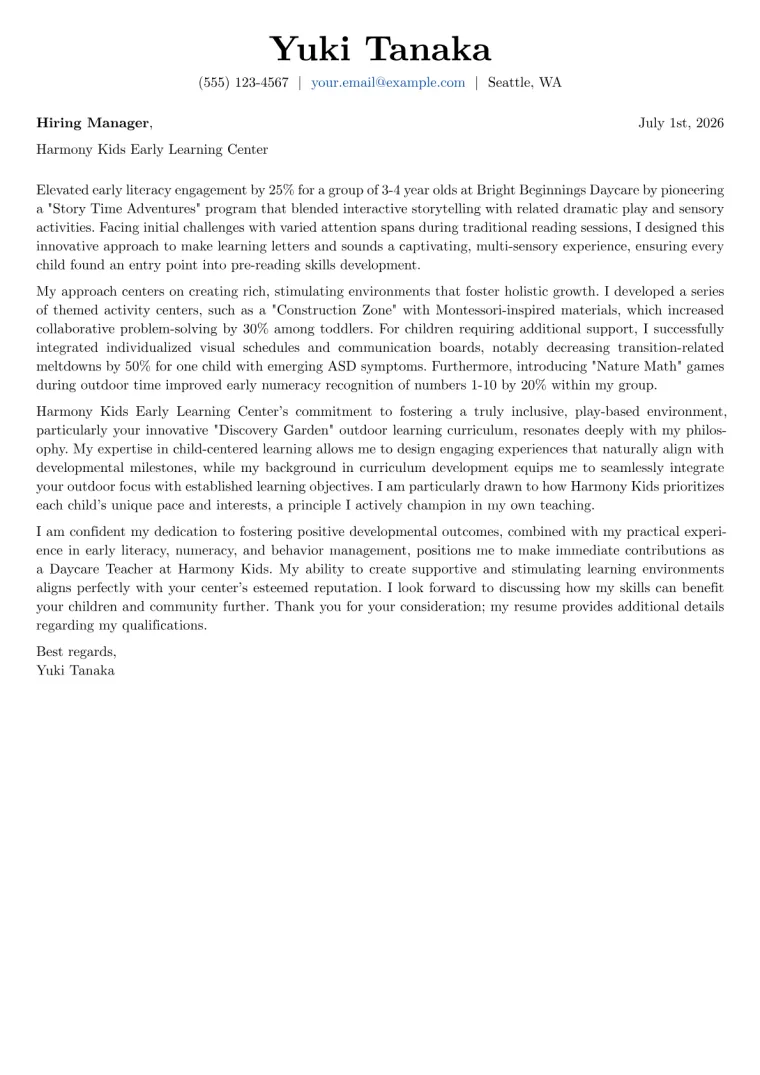 Daycare Teacher cover letter example